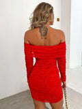 Glitter Mesh Off-Shoulder Ruched Mini Dress - Trendsi - Flyclothing LLC