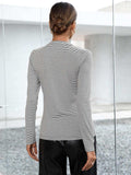 Striped Buttoned V-Neck Long Sleeve Top - Trendsi - Flyclothing LLC