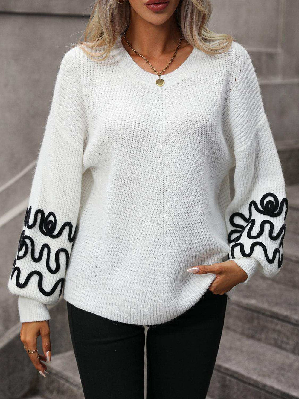 Contrast Drop Shoulder Round Neck Sweater - Trendsi - Flyclothing LLC