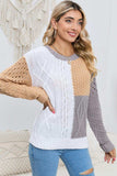 Cable-Knit Openwork Round Neck Color Block Sweater - Trendsi - Flyclothing LLC