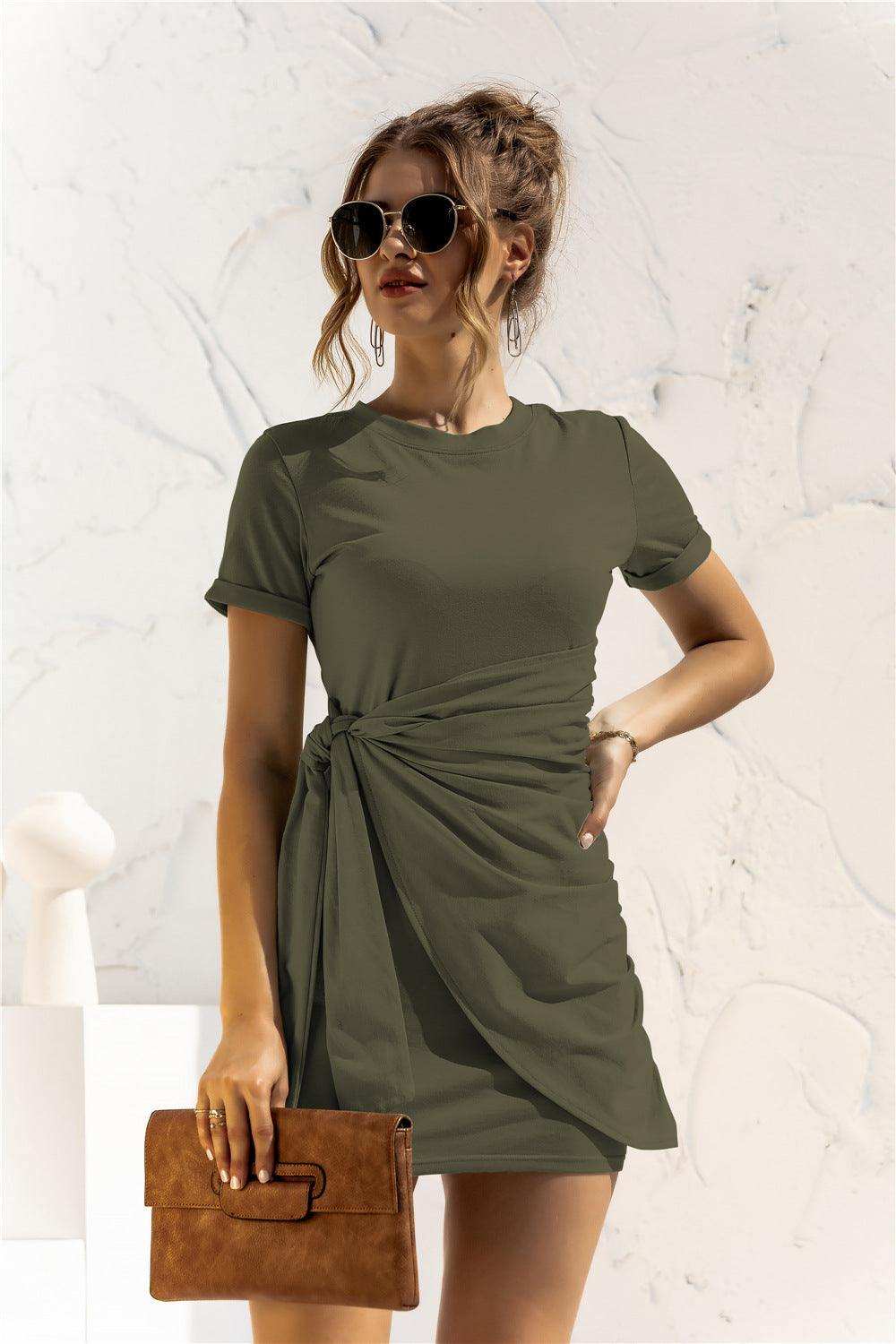 Round Neck Cuffed Sleeve Side Tie Dress - Trendsi - Flyclothing LLC