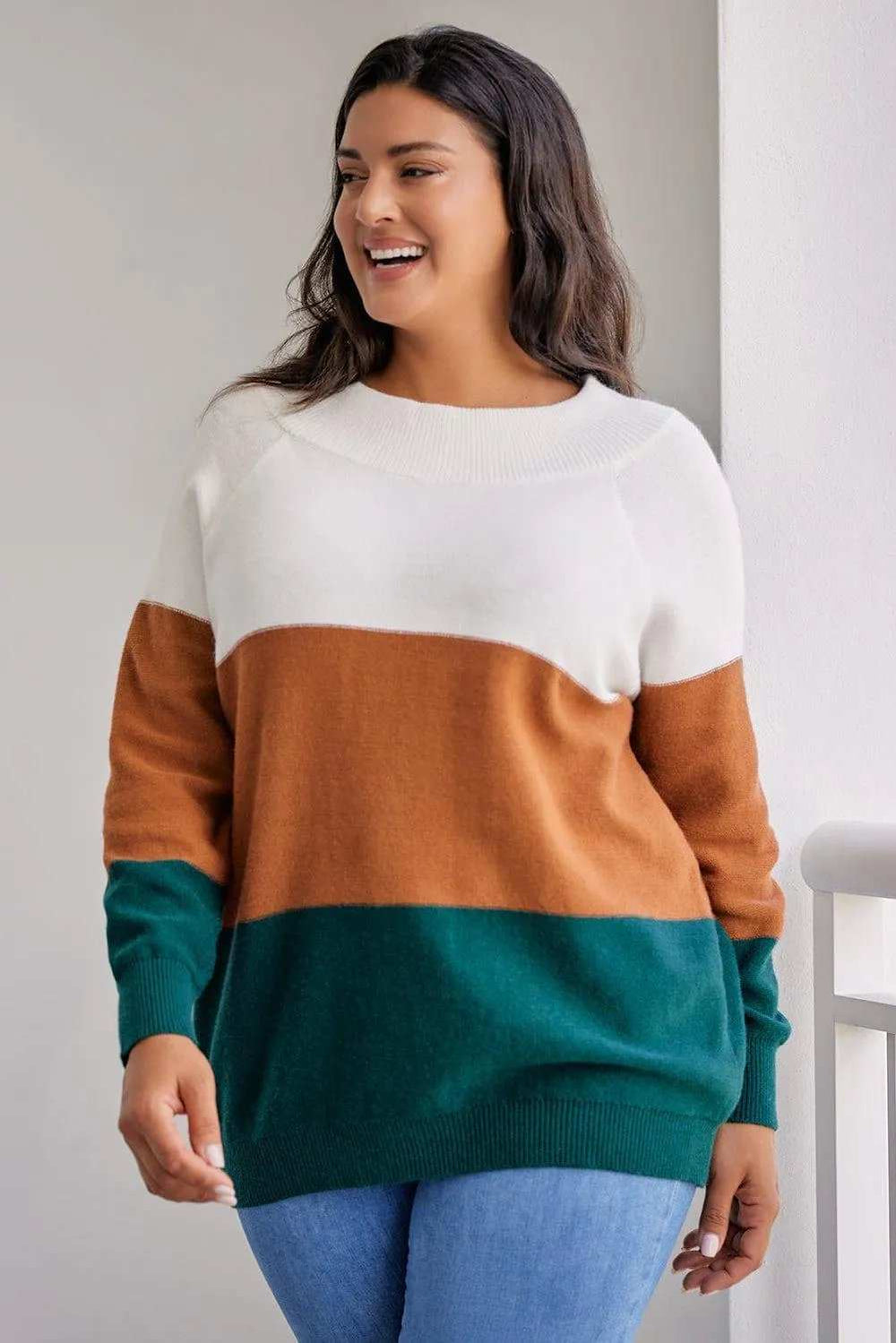 Plus Size Color Block Long Sleeve Sweater - Trendsi - Flyclothing LLC