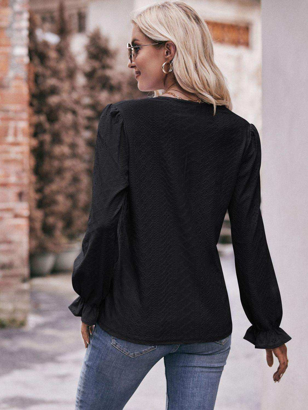 Eyelet V-Neck Flounce Sleeve Blouse - Trendsi - Flyclothing LLC
