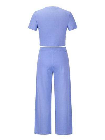 Round Neck Short Sleeve Top and Pocketed Pants Set - Trendsi - Flyclothing LLC