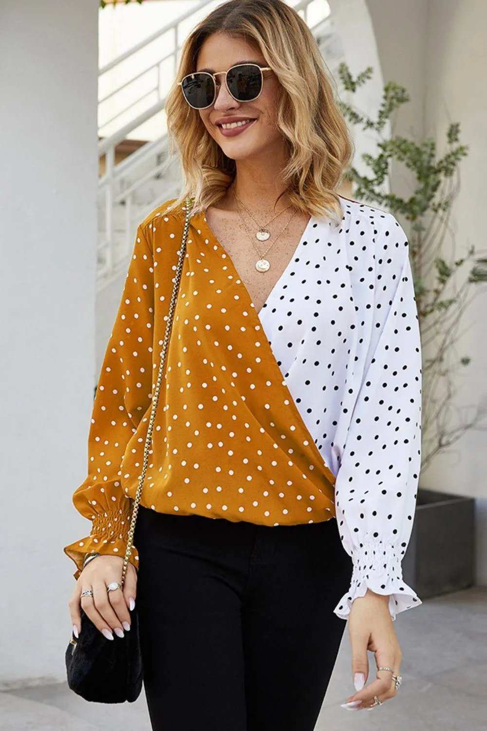 Polka Dot Surplice Neck Lantern Sleeve Blouse - Trendsi - Flyclothing LLC