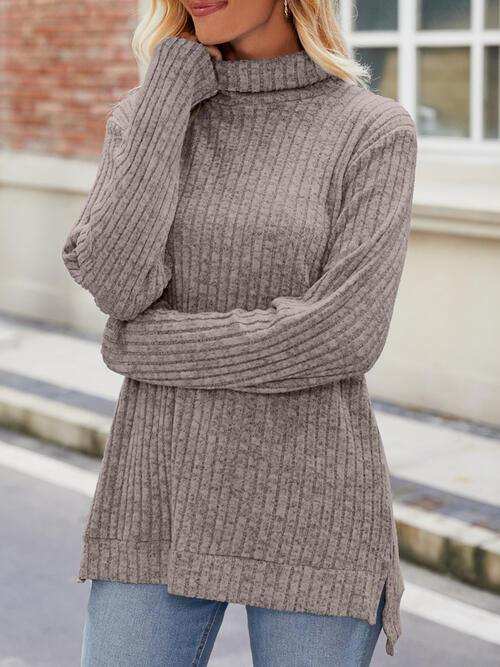 Ribbed Turtleneck Long Sleeve Slit Knit Top - Trendsi - Flyclothing LLC