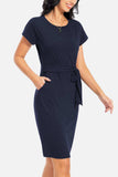 Tie Front Round Neck Short Sleeve Dress - Trendsi - Flyclothing LLC