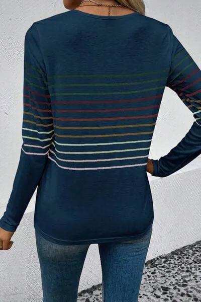 Striped Round Neck Long Sleeve T-Shirt - Trendsi - Flyclothing LLC