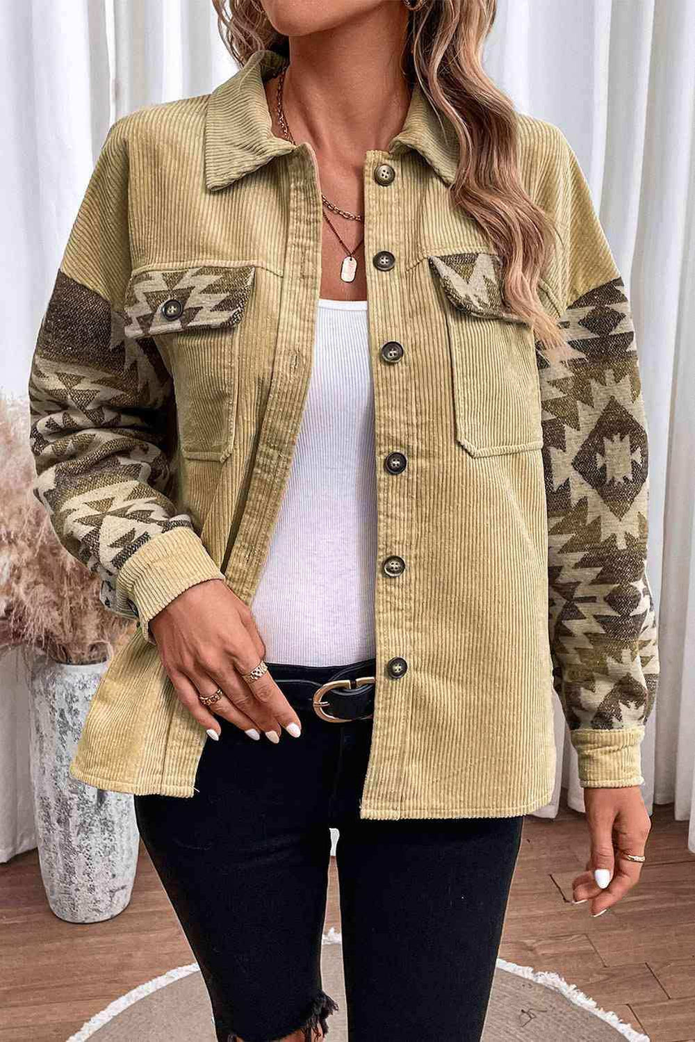 Geometric Button Down Collared Jacket - Trendsi - Flyclothing LLC