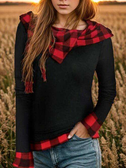 Plaid Long Sleeve Hooded Blouse - Trendsi - Flyclothing LLC