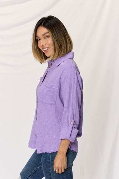 Zenana Texture Button Up Raw Hem Long Sleeve Shirt - Trendsi - Flyclothing LLC