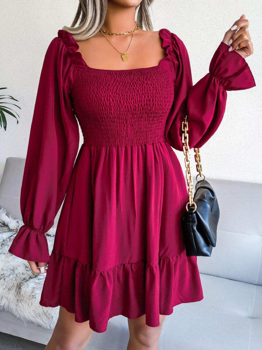 Smocked Flounce Sleeve Square Neck Dress - Trendsi - Flyclothing LLC