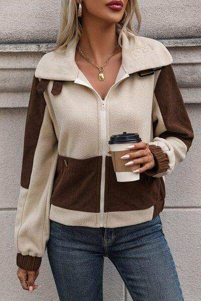 Color Block Zip Up Pocketed Jacket - Trendsi - Flyclothing LLC