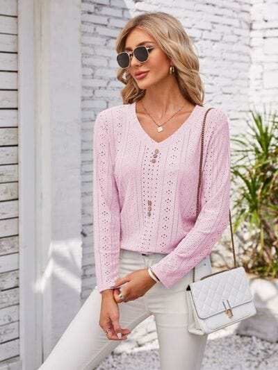 Decorative Button Openwork V-Neck T-Shirt - Trendsi - Flyclothing LLC