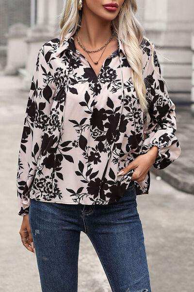 Printed Tie Neck Balloon Sleeve Blouse - Trendsi - Flyclothing LLC