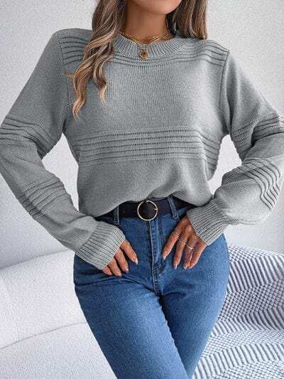 Round Neck Long Sleeve Sweater - Trendsi - Flyclothing LLC