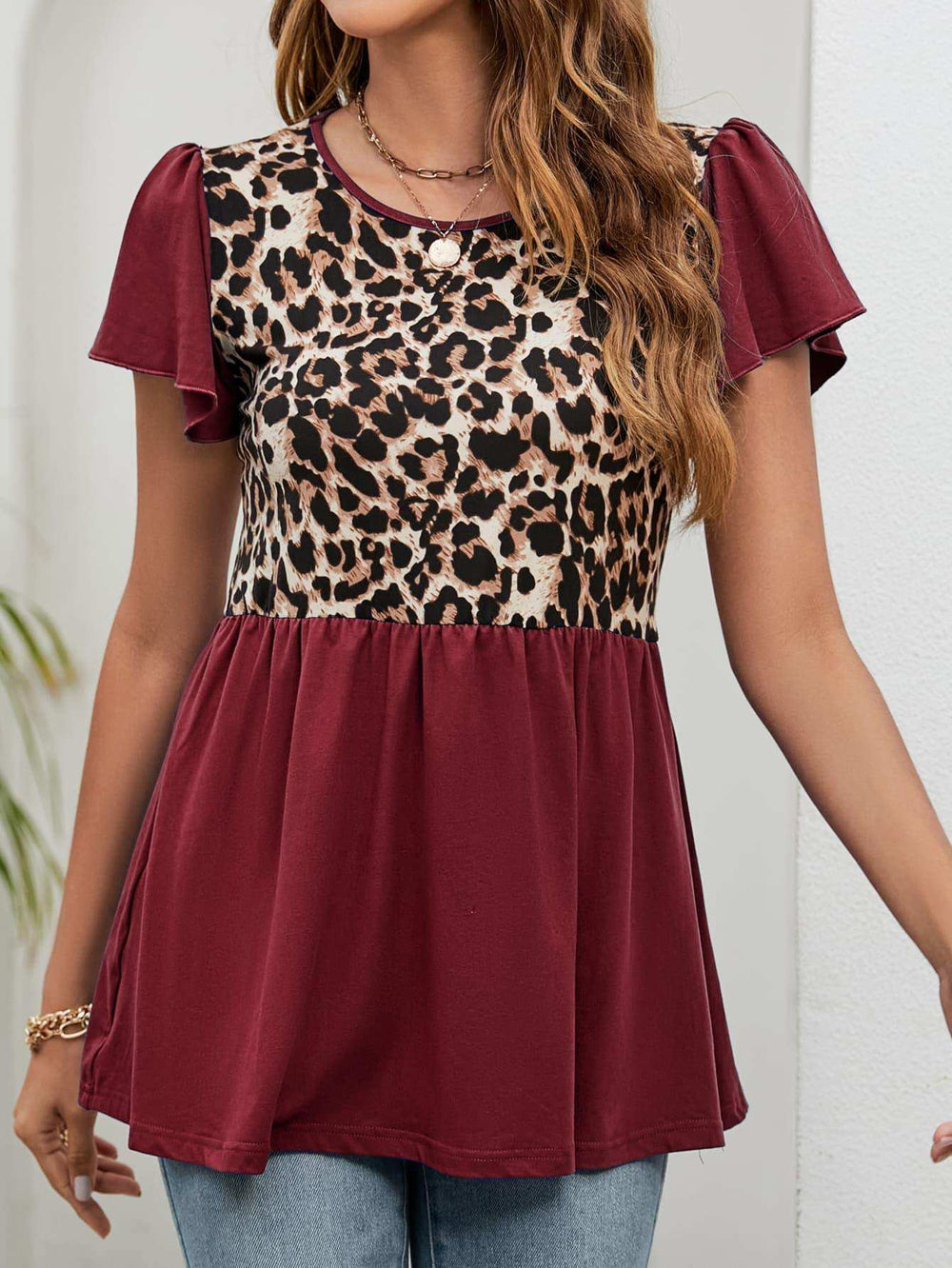 Leopard Round Neck Flutter Sleeve Babydoll Blouse - Trendsi - Flyclothing LLC
