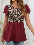 Leopard Round Neck Flutter Sleeve Babydoll Blouse - Trendsi - Flyclothing LLC