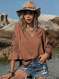 Openwork V-Neck Flounce Sleeve Blouse - Trendsi - Flyclothing LLC