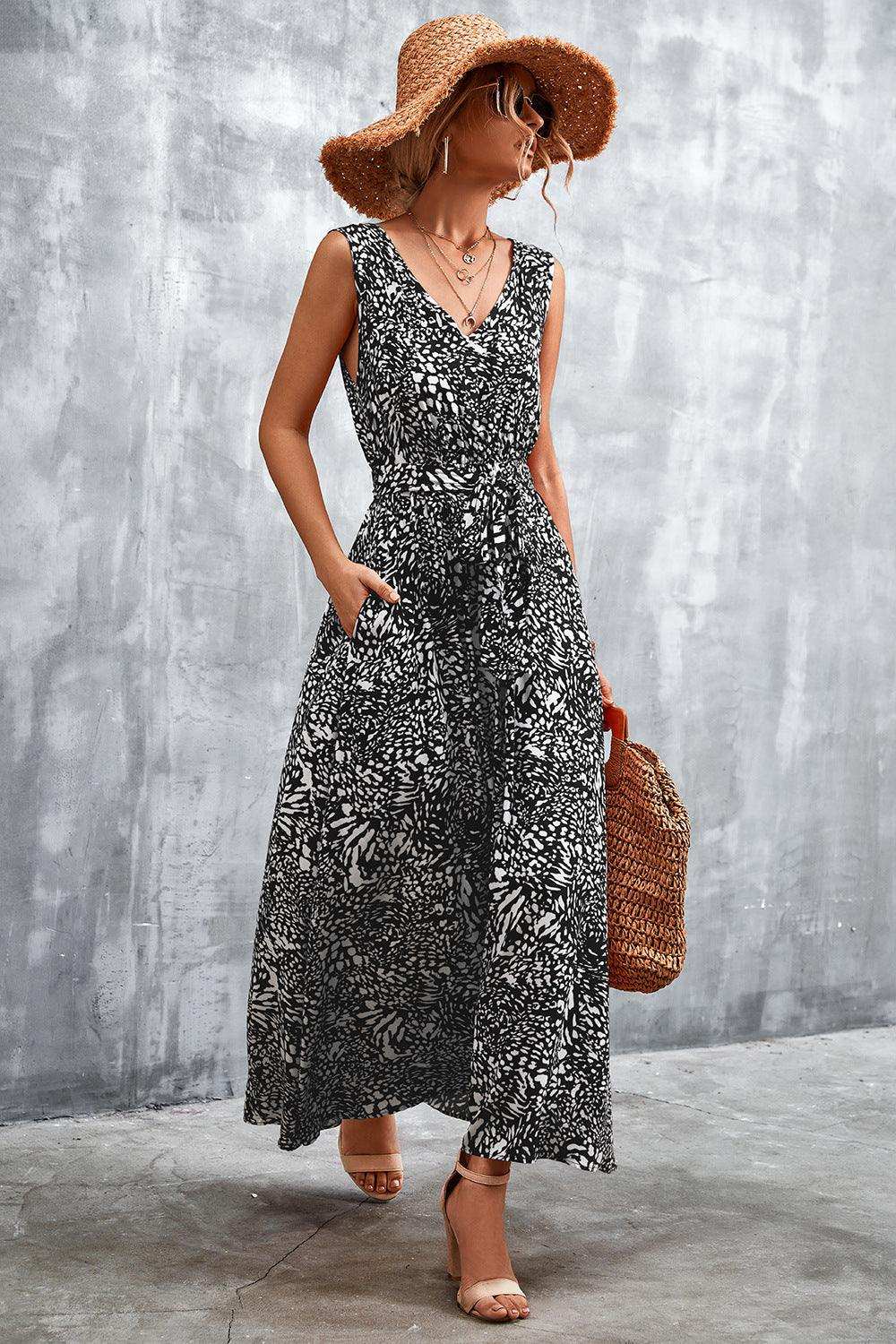Printed V-Neck Tie Waist Maxi Dress - Trendsi - Flyclothing LLC