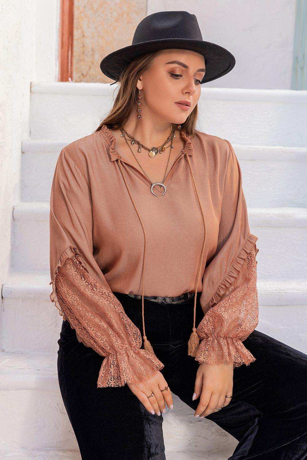 Plus Size Tie Neck Flounce Sleeve Blouse - Trendsi - Flyclothing LLC