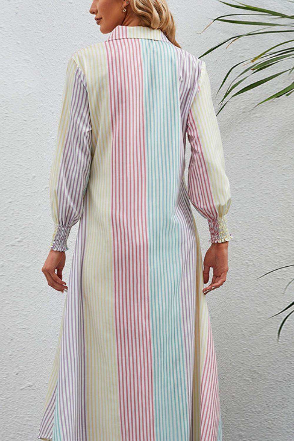 Rainbow Stripe Button-Up Maxi Shirt Dress - Trendsi - Flyclothing LLC