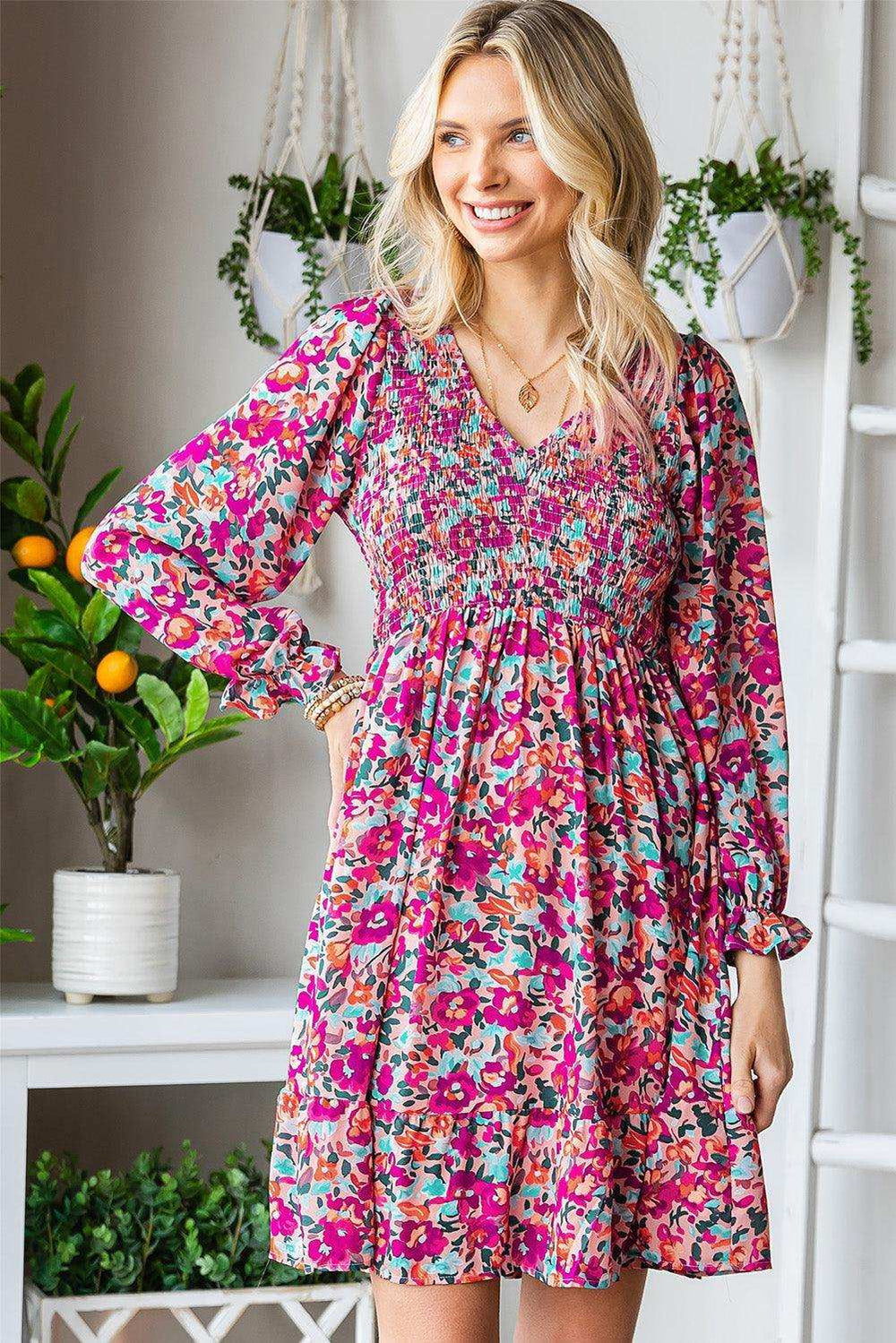 Floral Smocked V-Neck Flounce Sleeve Dress - Trendsi - Flyclothing LLC