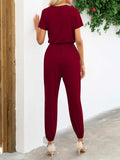 Short Sleeve V-Neck Jumpsuit with Pockets - Trendsi - Flyclothing LLC