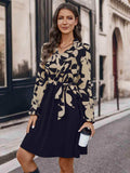 Contrast Notched Tie Front Long Sleeve Dress - Trendsi - Flyclothing LLC