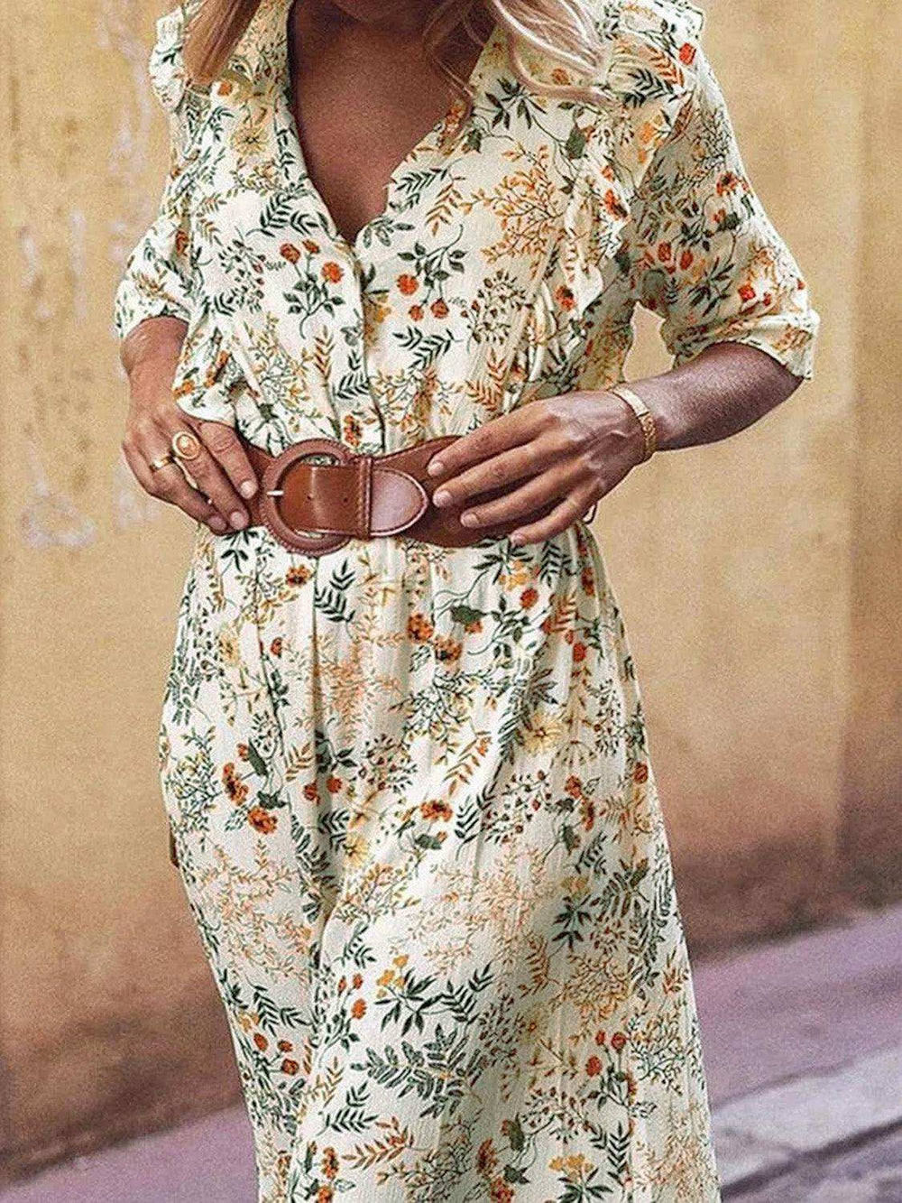 Floral Cutout Flounce Sleeve Dress - Trendsi - Flyclothing LLC
