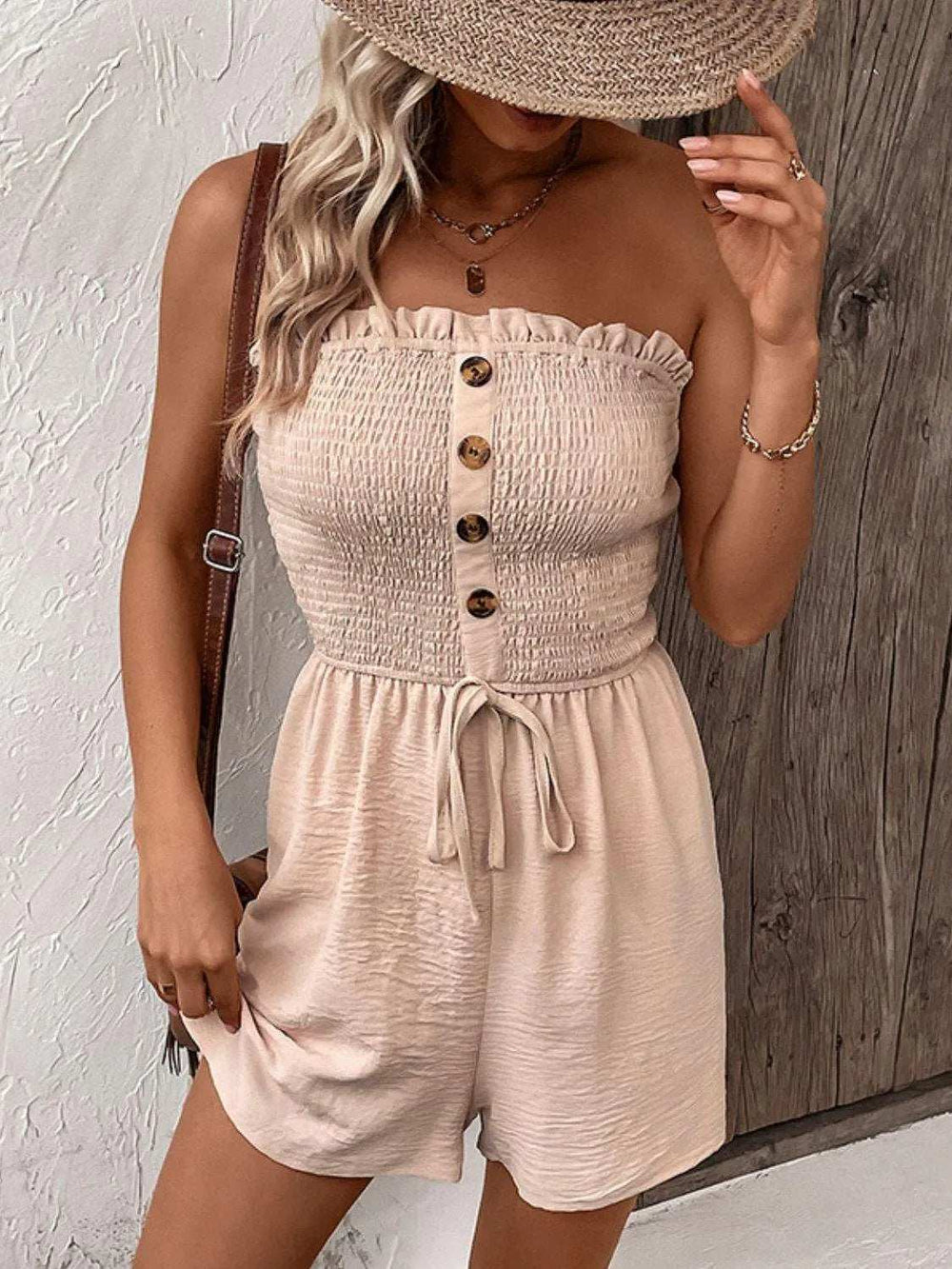 Decorative Button Smocked Strapless Romper - Trendsi - Flyclothing LLC