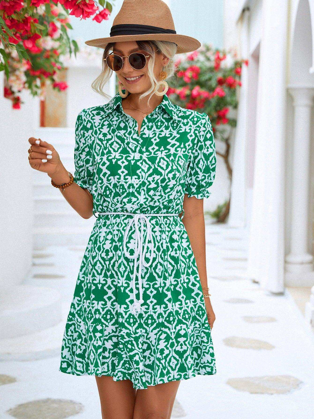 Printed Tie Waist Collared Flounce Sleeve Dress - Trendsi - Flyclothing LLC