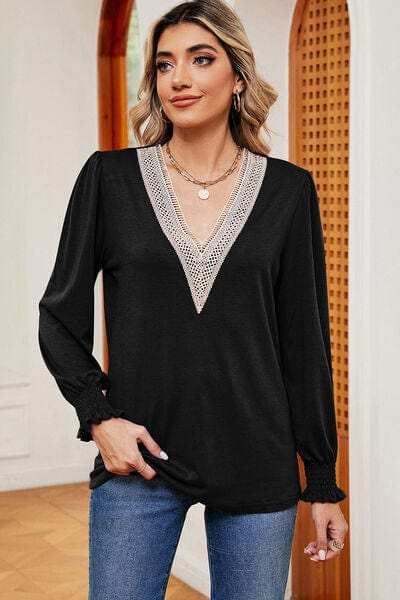 Lace Detail V-Neck Lantern Sleeve T-Shirt - Trendsi - Flyclothing LLC