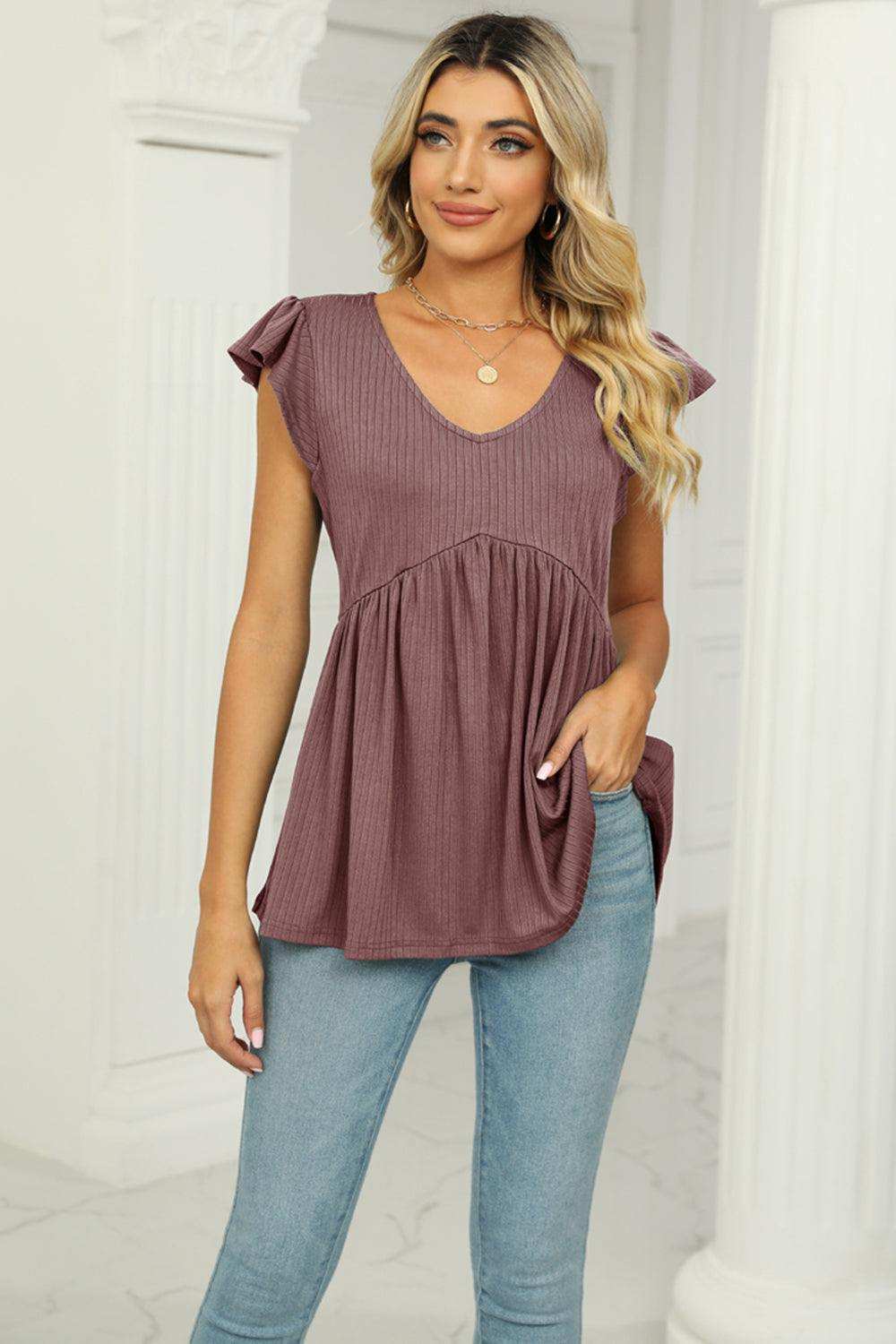 V-Neck Flutter Sleeve Babydoll Blouse - Trendsi - Flyclothing LLC