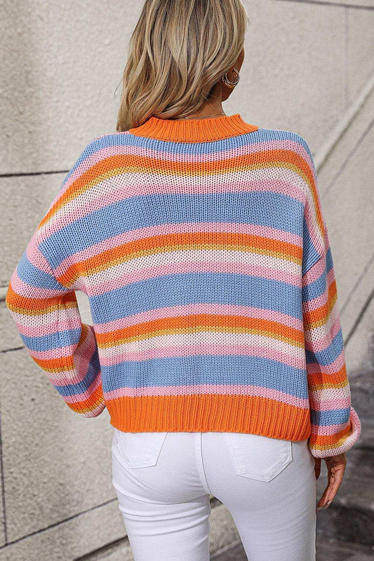 Striped Round Neck Dropped Shoulder Sweater - Trendsi - Flyclothing LLC