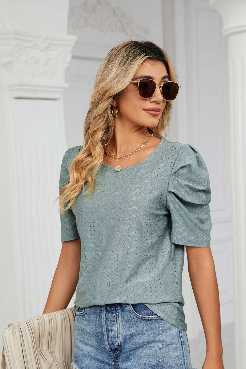 Eyelet Puff Sleeve Round Neck Blouse - Trendsi - Flyclothing LLC