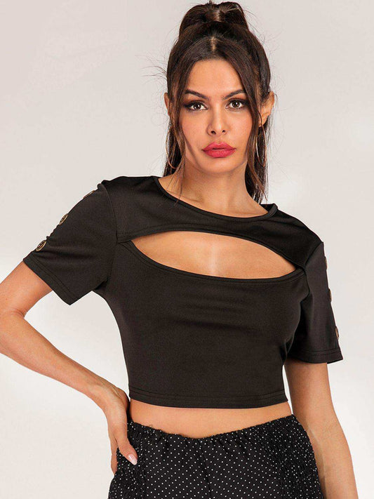 Cutout Grommet Detail Cropped Tee - Trendsi - Flyclothing LLC