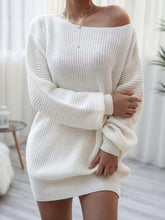 Rib-Knit Balloon Sleeve Boat Neck Sweater Dress - Trendsi - Flyclothing LLC