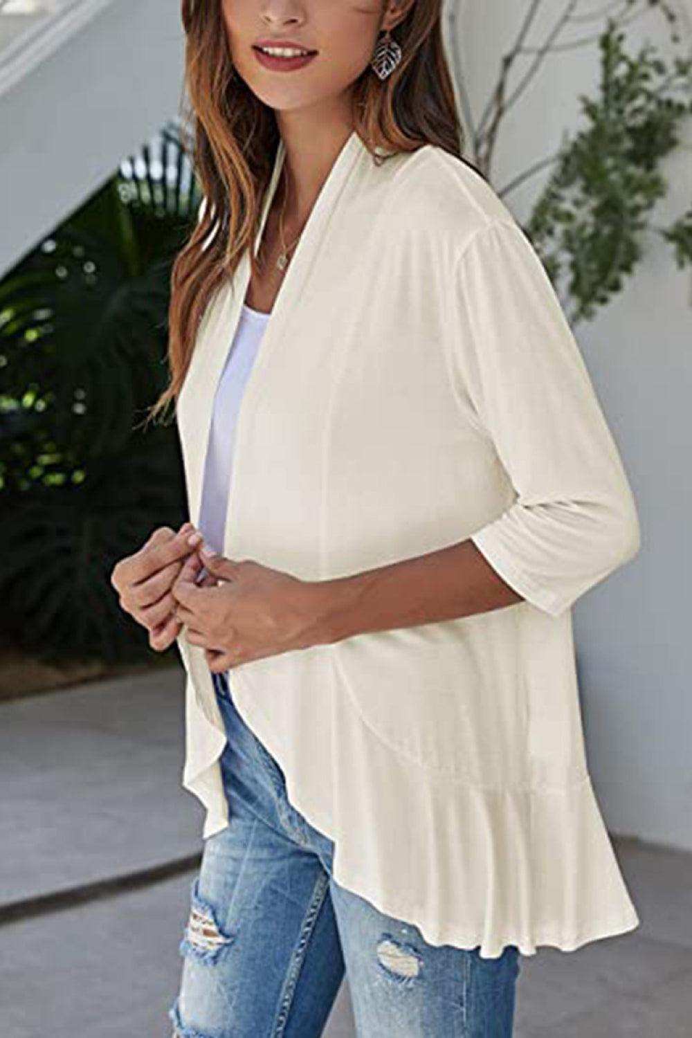 Open Front Ruffle Trim Cardigan - Trendsi - Flyclothing LLC
