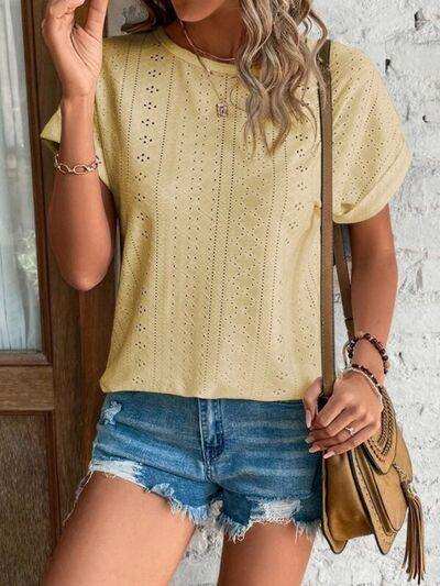 Eyelet Round Neck Short Sleeve T-Shirt - Trendsi - Flyclothing LLC