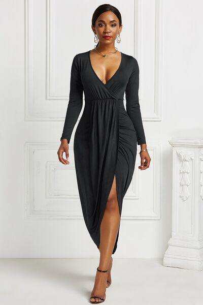 High-low Ruched Surplice Long Sleeve Dress - Trendsi - Flyclothing LLC