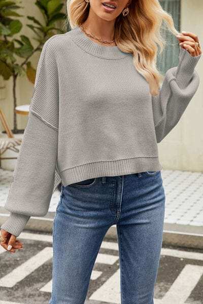 Round Neck Dropped Shoulder Sweater - Trendsi - Flyclothing LLC