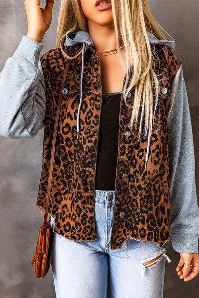 Leopard Distressed Drawstring Hooded Denim Jacket - Trendsi - Flyclothing LLC