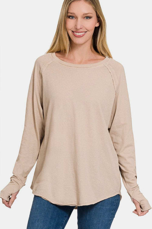 Zenana Round Neck Thumbhole Long Sleeve Top - Trendsi - Flyclothing LLC