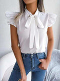 Tie Neck Cap Sleeve Blouse - Trendsi - Flyclothing LLC