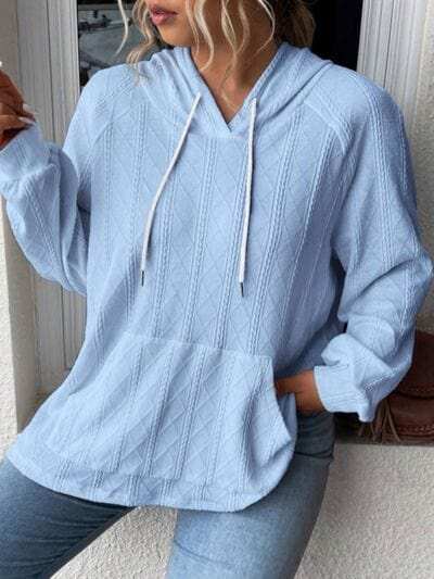 Textured Drawstring Kangaroo Pocket Hoodie - Trendsi - Flyclothing LLC