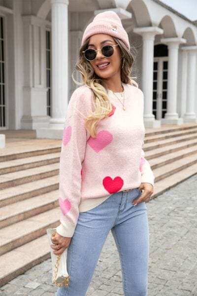 Heart Round Neck Droppped Shoulder Sweater - Trendsi - Flyclothing LLC