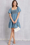 Smocked Square Neck Mini Denim Dress - Trendsi - Flyclothing LLC