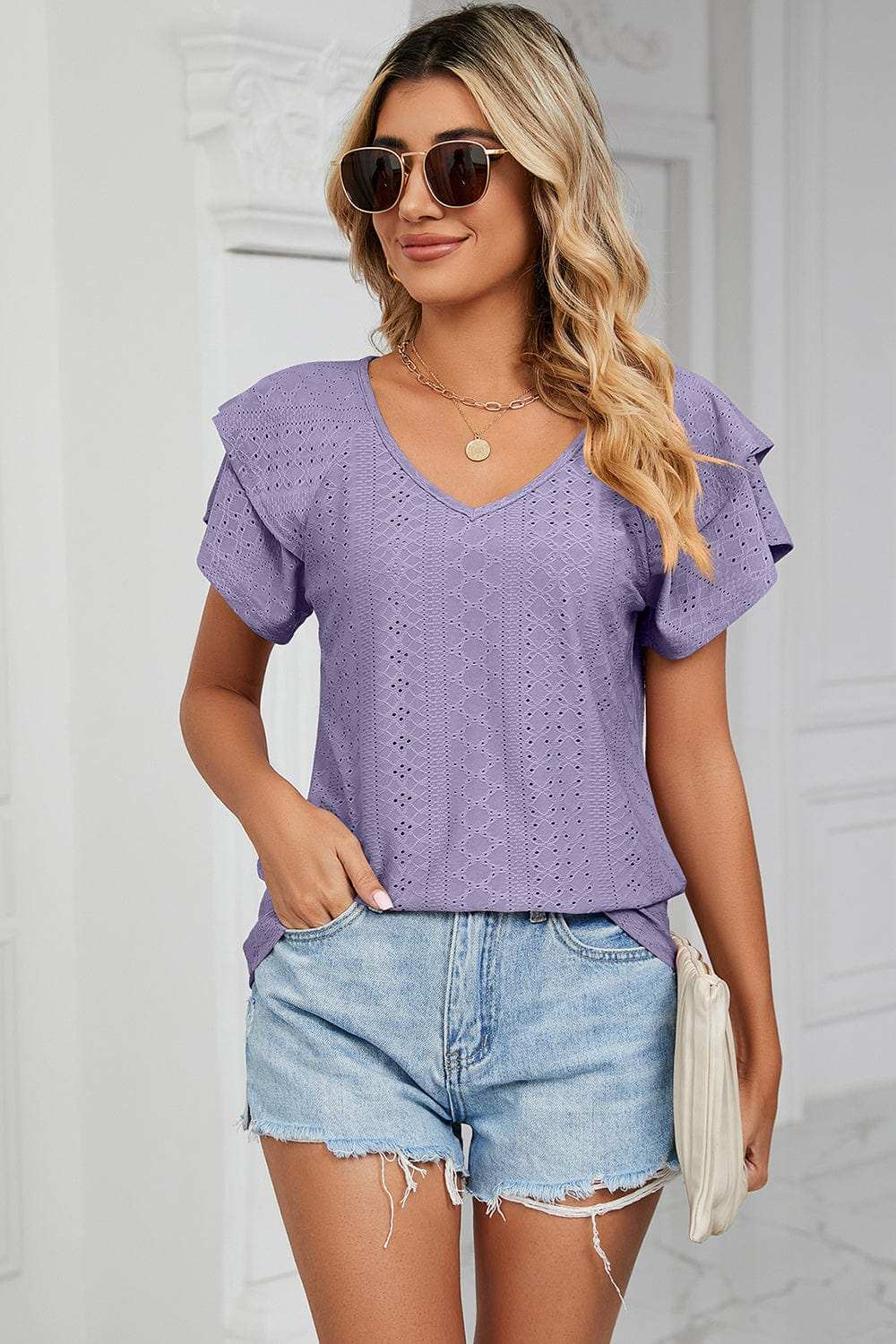 Eyelet V-Neck Short Sleeve T-Shirt - Trendsi - Flyclothing LLC