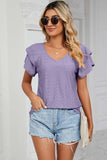 Eyelet V-Neck Short Sleeve T-Shirt - Trendsi - Flyclothing LLC
